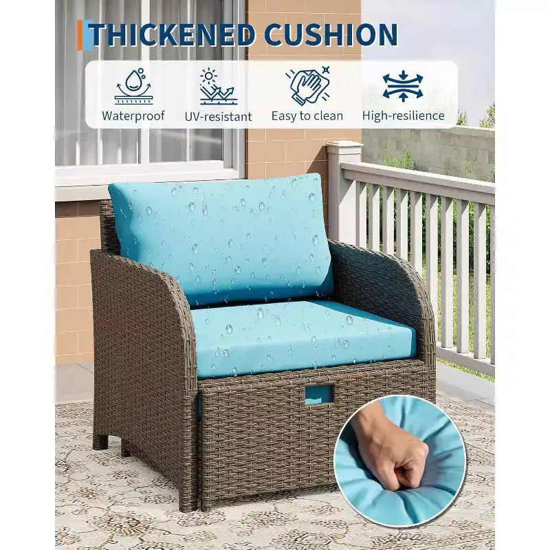 5-teiliges Outdoor-Sitzset aus PE-Rattan mit Hockern und Glasplatte für Terrasse, Garten, Balkon