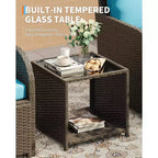 5-teiliges Outdoor-Sitzset aus PE-Rattan mit Hockern und Glasplatte für Terrasse, Garten, Balkon
