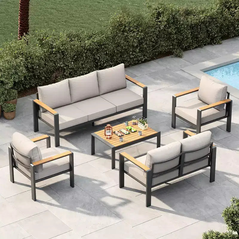 5-Piece Aluminum Patio Set Sectional Conversation Set w Thick Washable Cushions Coffee Table for Deck Patio - Beige