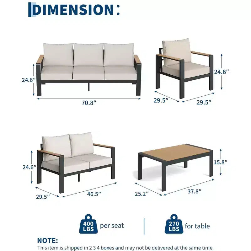 5-teiliges Terrassenmöbel-Set aus Aluminium, modulare Gesprächsgarnitur mit dicken, waschbaren Kissen und Couchtisch für Deck und Terrasse – Beige