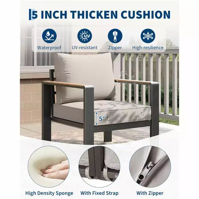 5-teiliges Terrassenmöbel-Set aus Aluminium, modulare Gesprächsgarnitur mit dicken, waschbaren Kissen und Couchtisch für Deck und Terrasse – Beige
