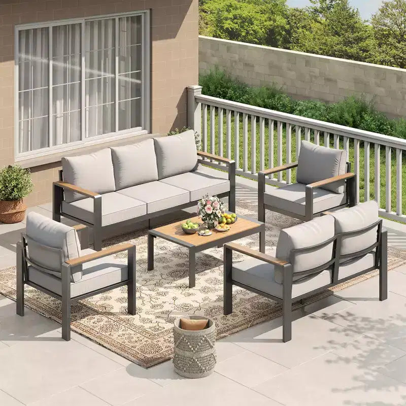 5-teiliges Terrassenmöbel-Set aus Aluminium, modulare Gesprächsgarnitur mit dicken, waschbaren Kissen und Couchtisch für Deck und Terrasse – Beige