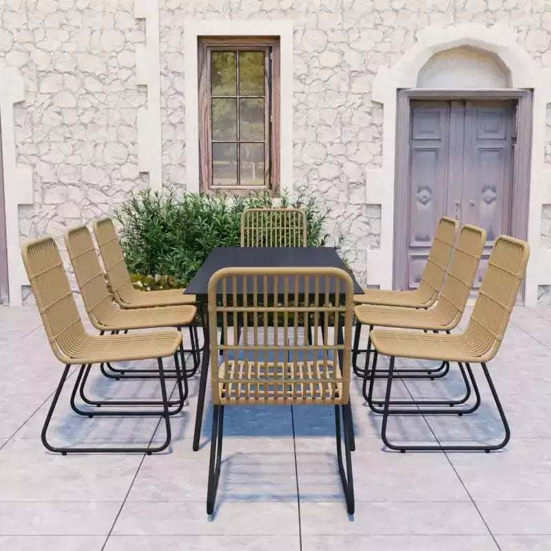 vidaXL Essgarnitur Eiche und schwarzes Polyrattan, pulverbeschichteter Stahl, Glas