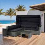 GDFStudio Solio Modern 7 Piece Iron and PE Rattan Patio Sectional Sofa with Retractable Canopy and Washable Cushions