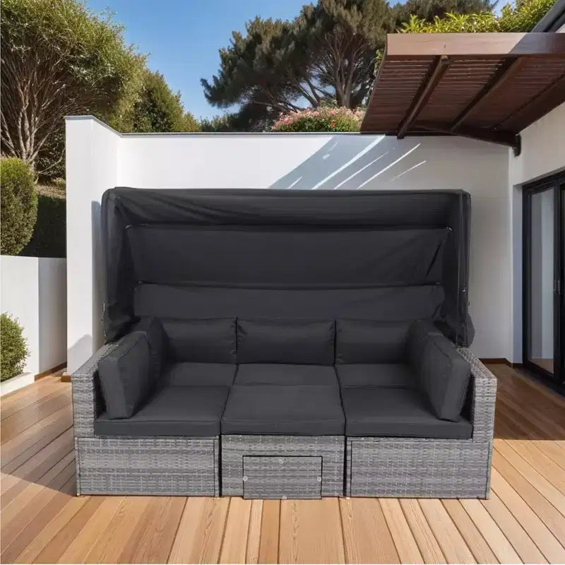 GDFStudio Solio Modernes 7-teiliges Garten-Sofa-Set aus Eisen und PE-Rattan mit ausziehbarem Sonnendach und waschbaren Kissen