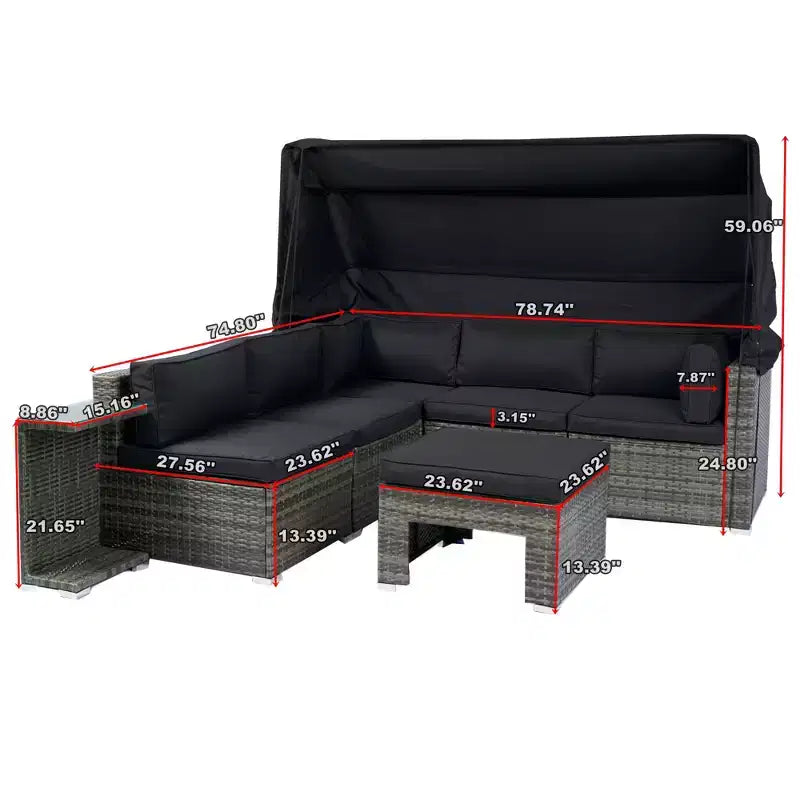 GDFStudio Solio Modernes 7-teiliges Garten-Sofa-Set aus Eisen und PE-Rattan mit ausziehbarem Sonnendach und waschbaren Kissen