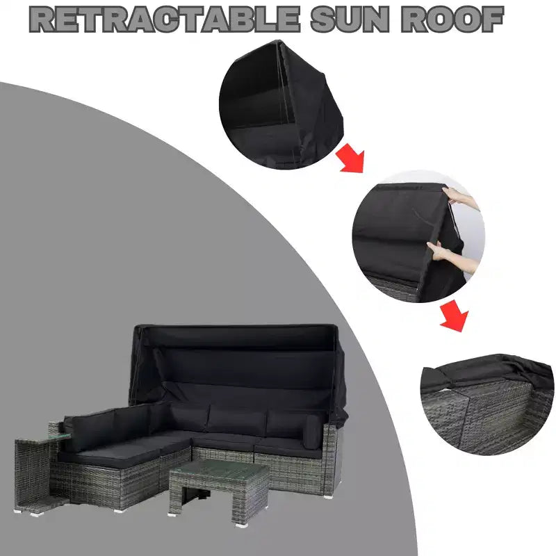 GDFStudio Solio Modernes 7-teiliges Garten-Sofa-Set aus Eisen und PE-Rattan mit ausziehbarem Sonnendach und waschbaren Kissen