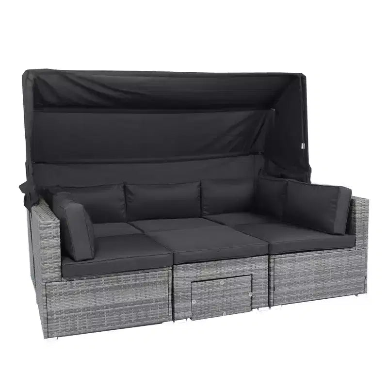GDFStudio Solio Modernes 7-teiliges Garten-Sofa-Set aus Eisen und PE-Rattan mit ausziehbarem Sonnendach und waschbaren Kissen