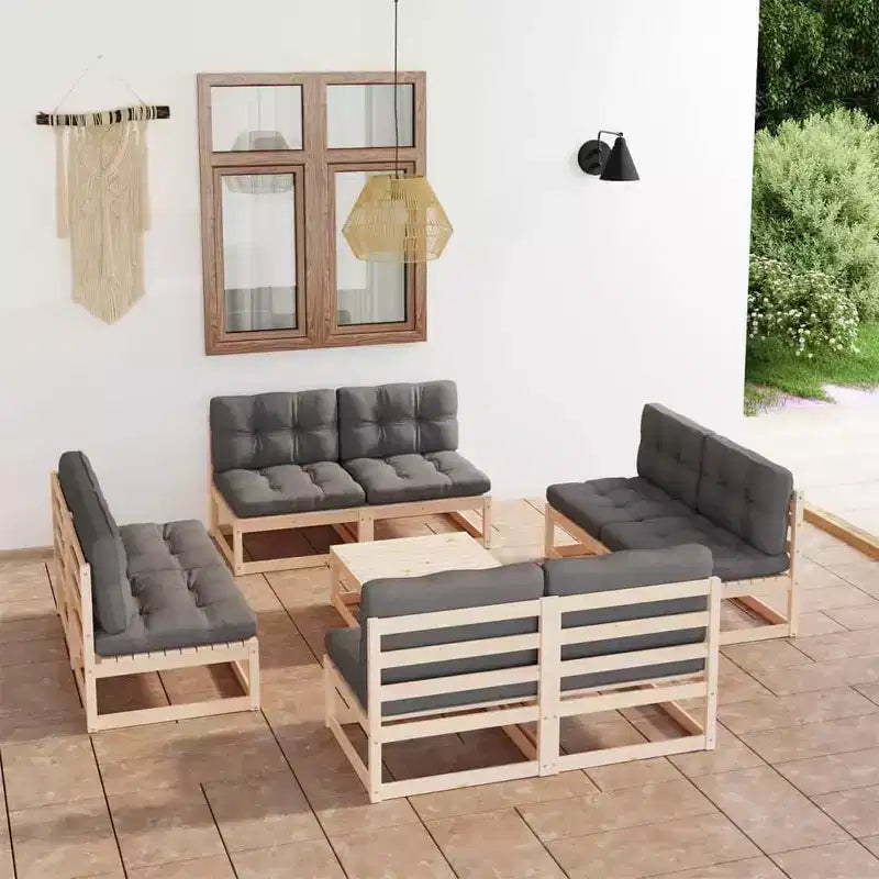 vidaXL Garten-Lounge-Set Grau Massives Kiefernholz, 100 % Polyester 9-teilig