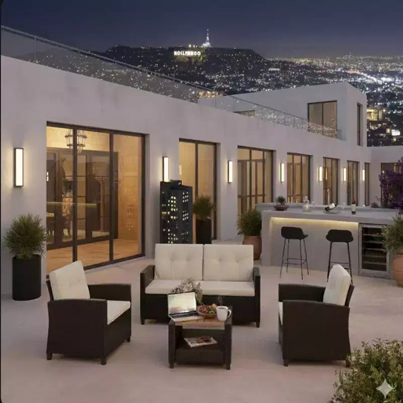 4-Piece All Weather Wicker Outdoor Patio Conversation Set with Beige Cushions and Accacia Wood Table