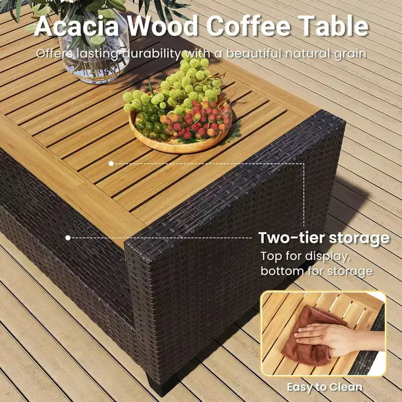 4-teiliges Outdoor-Sitzgruppen-Set aus wetterfestem Polyrattan mit beigefarbenen Kissen und Akazienholztisch