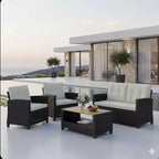 4-teiliges Outdoor-Sitzgruppen-Set aus wetterfestem Polyrattan mit beigefarbenen Kissen und Akazienholztisch
