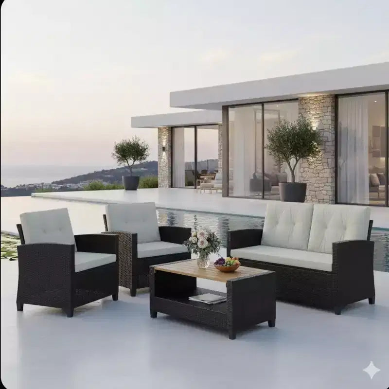 4-teiliges Outdoor-Sitzgruppen-Set aus wetterfestem Polyrattan mit beigefarbenen Kissen und Akazienholztisch