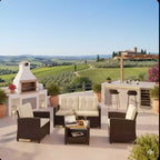 4-teiliges Outdoor-Sitzgruppen-Set aus wetterfestem Polyrattan mit beigefarbenen Kissen und Akazienholztisch