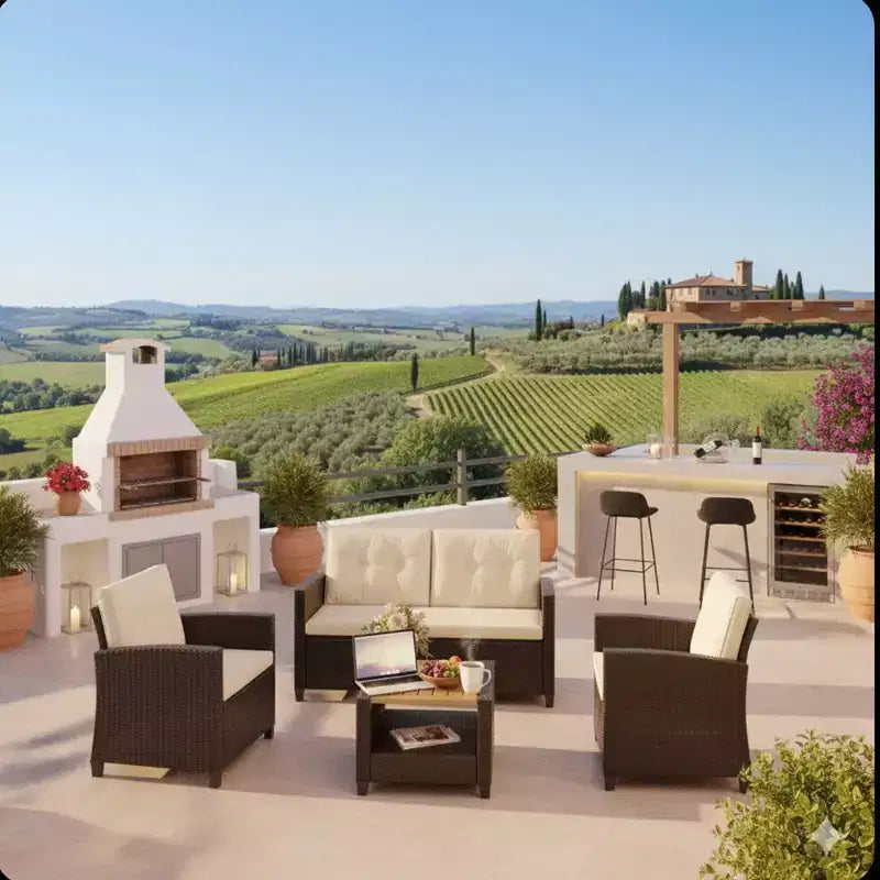 4-teiliges Outdoor-Sitzgruppen-Set aus wetterfestem Polyrattan mit beigefarbenen Kissen und Akazienholztisch