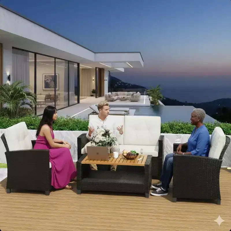 4-teiliges Outdoor-Sitzgruppen-Set aus wetterfestem Polyrattan mit beigefarbenen Kissen und Akazienholztisch
