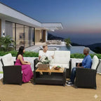 4-teiliges Outdoor-Sitzgruppen-Set aus wetterfestem Polyrattan mit beigefarbenen Kissen und Akazienholztisch