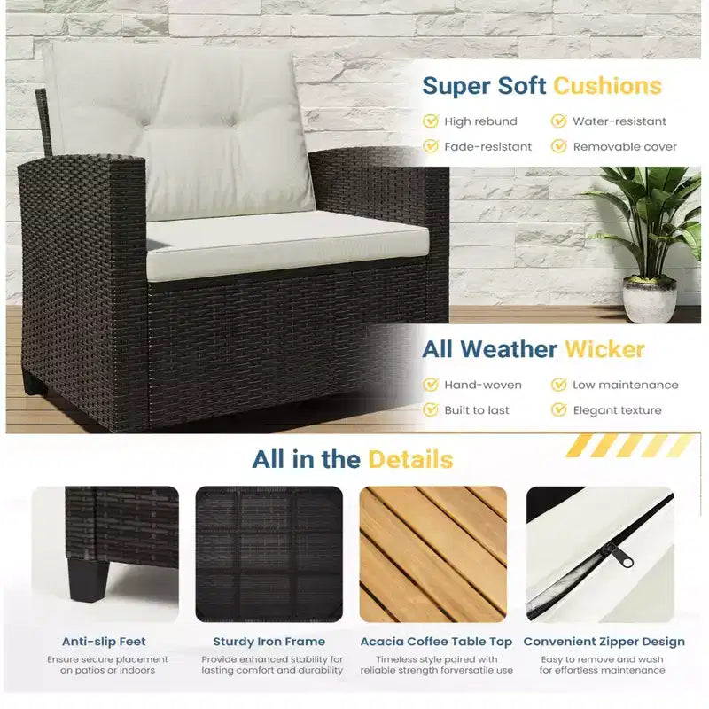 4-teiliges Outdoor-Sitzgruppen-Set aus wetterfestem Polyrattan mit beigefarbenen Kissen und Akazienholztisch