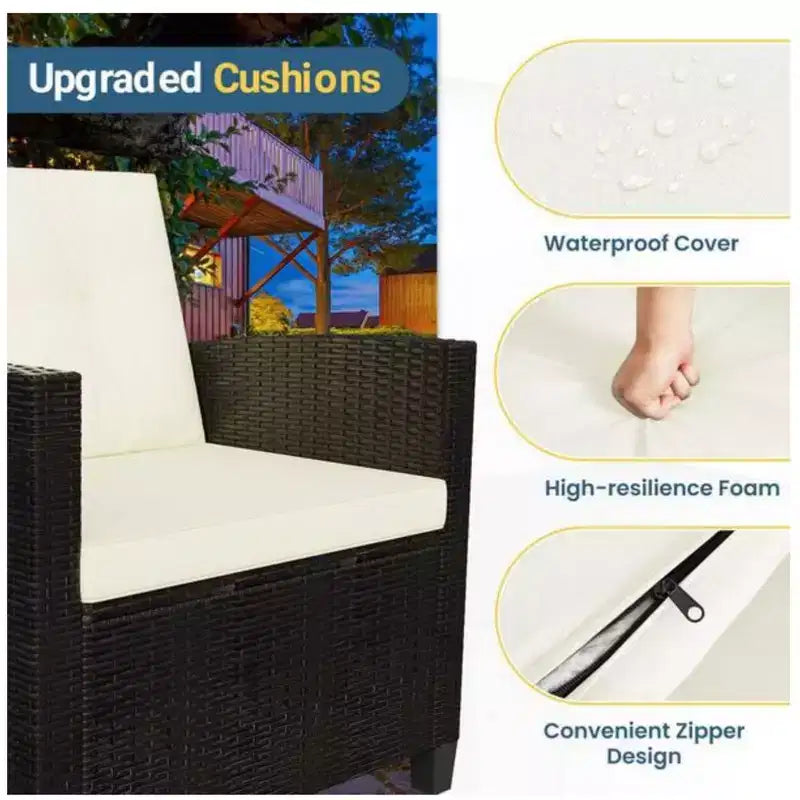 4-teiliges Outdoor-Sitzgruppen-Set aus wetterfestem Polyrattan mit beigefarbenen Kissen und Akazienholztisch