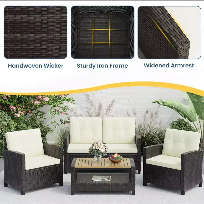 4-teiliges Outdoor-Sitzgruppen-Set aus wetterfestem Polyrattan mit beigefarbenen Kissen und Akazienholztisch
