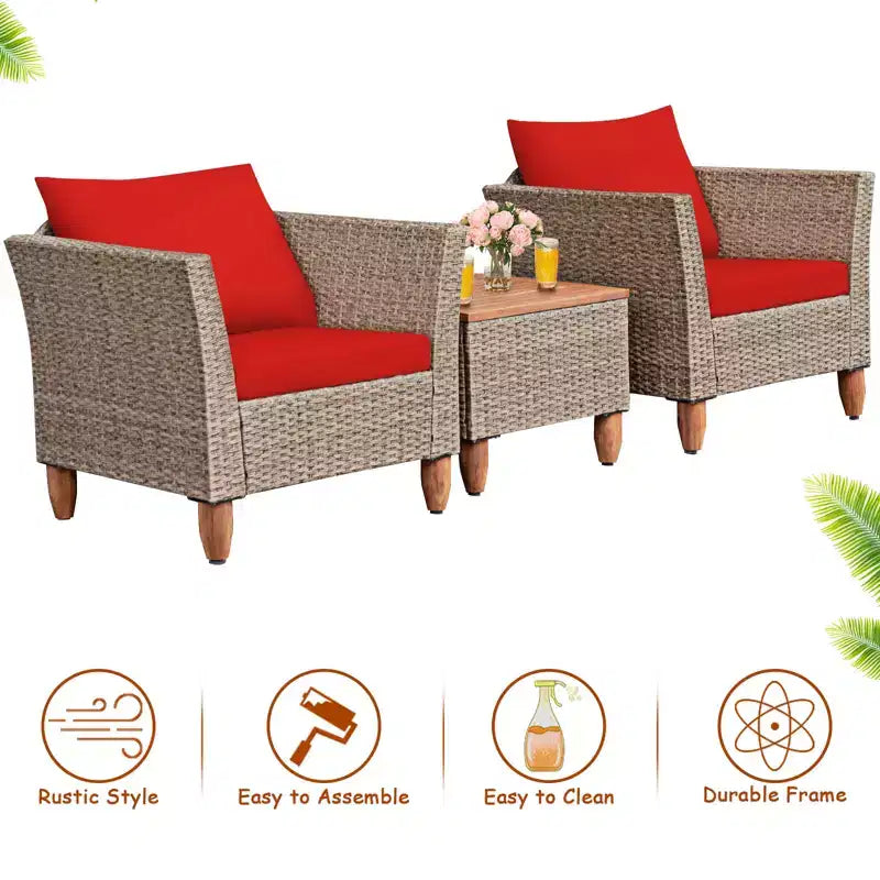 Costway 3-teiliges Outdoor Rattan Sofa Set Gartenmöbel Polyrattan Sitzgruppe mit Kissen