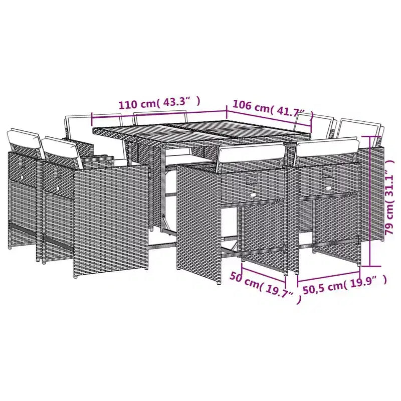 vidaXL Essgruppe für den Außenbereich, 8-teilig, Grau, Polyrattan, 8-Sitzer, klappbar