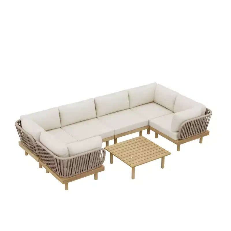 Christopher Knight Home Declan Patio Modernes modulares U-förmiges Ecksofa-Set aus Akazienholz und Seil mit Couchtisch