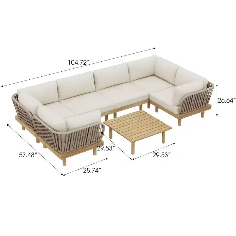 Christopher Knight Home Declan Patio Modernes modulares U-förmiges Ecksofa-Set aus Akazienholz und Seil mit Couchtisch