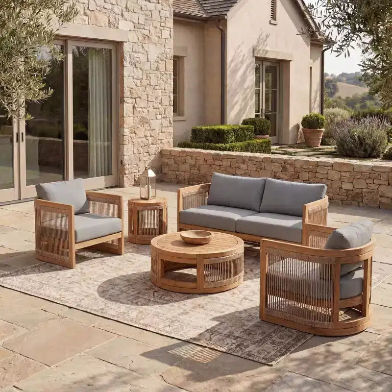 Christopher Knight Home Swedy 5-teiliges Outdoor-Sitzset aus Akazienholz mit gebogener Wanne und geflochtenem Seil