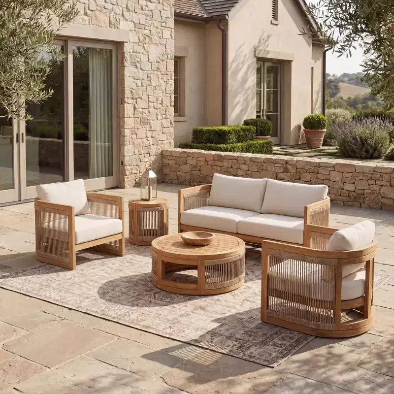 Christopher Knight Home Swedy 5-teiliges Outdoor-Sitzset aus Akazienholz mit gebogener Wanne und geflochtenem Seil