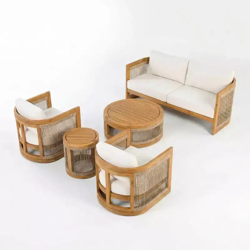 Christopher Knight Home Swedy 5-teiliges Outdoor-Sitzset aus Akazienholz mit gebogener Wanne und geflochtenem Seil