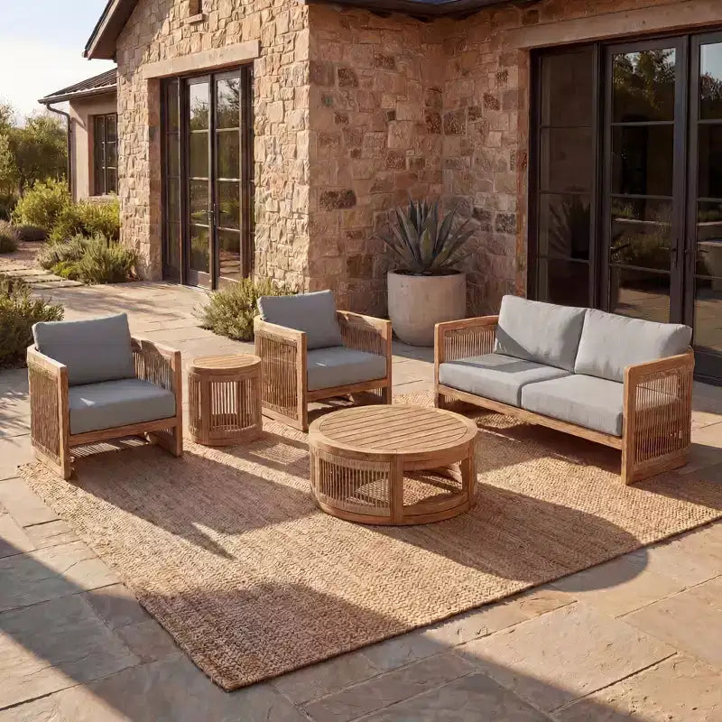 Christopher Knight Home Swedy 5-teiliges Outdoor-Sitzset aus Akazienholz mit gebogener Wanne und geflochtenem Seil