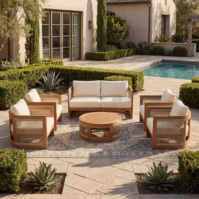 Christopher Knight Home Crune 6 Piece Outdoor Acacia Wood Curved Tub Design Seating Set with Woven Rope