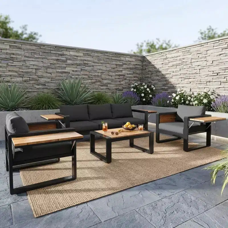 Polibi 4-teiliges Terrassenmöbel-Set mit Couchtisch und ausklappbaren Beistelltischen
