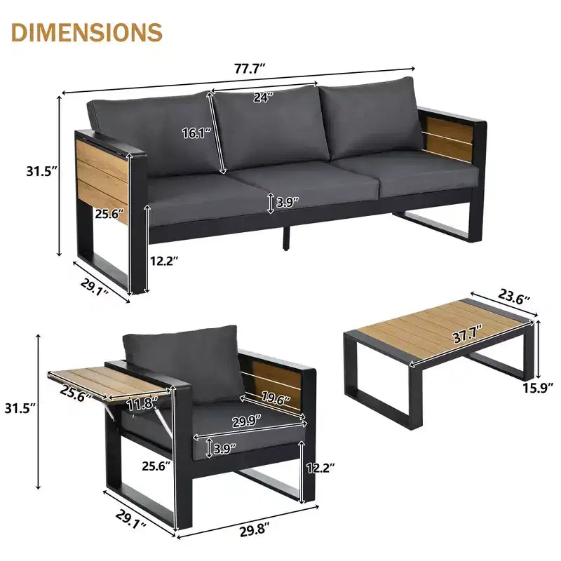 Polibi 4-teiliges Terrassenmöbel-Set mit Couchtisch und ausklappbaren Beistelltischen