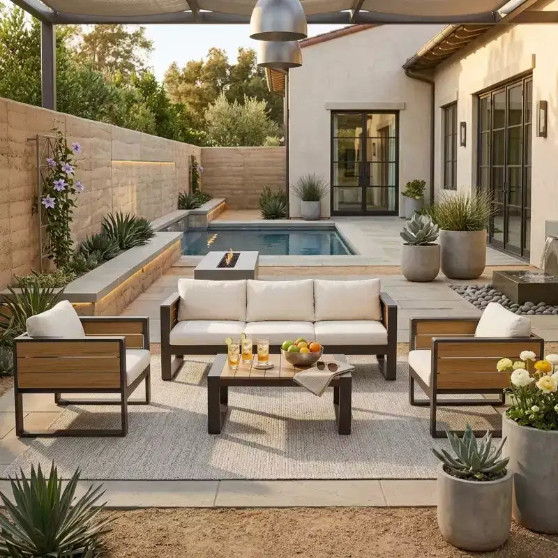 Polibi 4-Piece Outdoor Patio Set with Coffee Table & Fold-Out Side Tables