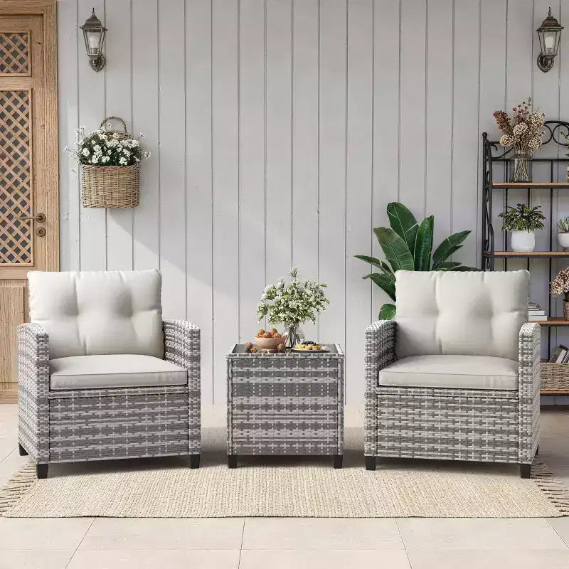 3-Piece Patio Furniture Conversation Set, All-Weather PE Rattan Wicker Chairs with Cushions & Tempered Glass Table for Balcony, Porch and Garden
