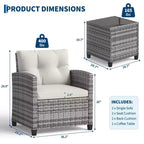 3-teiliges Lounge-Set für den Garten, wetterbeständige PE-Rattansessel mit Kissen und Tisch aus gehärtetem Glas für Balkon, Veranda und Garten