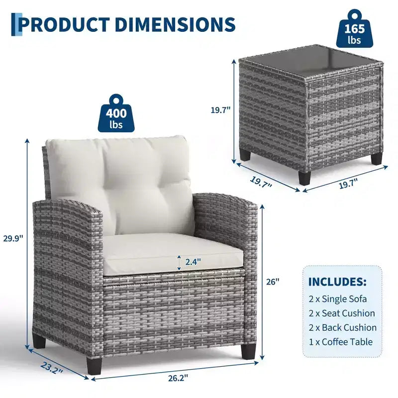 3-teiliges Lounge-Set für den Garten, wetterbeständige PE-Rattansessel mit Kissen und Tisch aus gehärtetem Glas für Balkon, Veranda und Garten