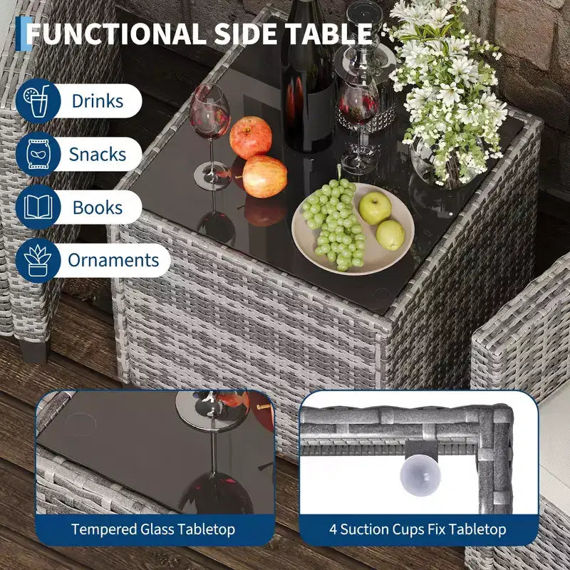 3-teiliges Lounge-Set für den Garten, wetterbeständige PE-Rattansessel mit Kissen und Tisch aus gehärtetem Glas für Balkon, Veranda und Garten