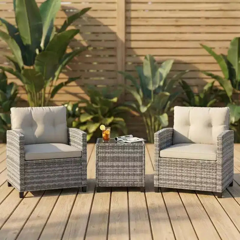 3-teiliges Lounge-Set für den Garten, wetterbeständige PE-Rattansessel mit Kissen und Tisch aus gehärtetem Glas für Balkon, Veranda und Garten