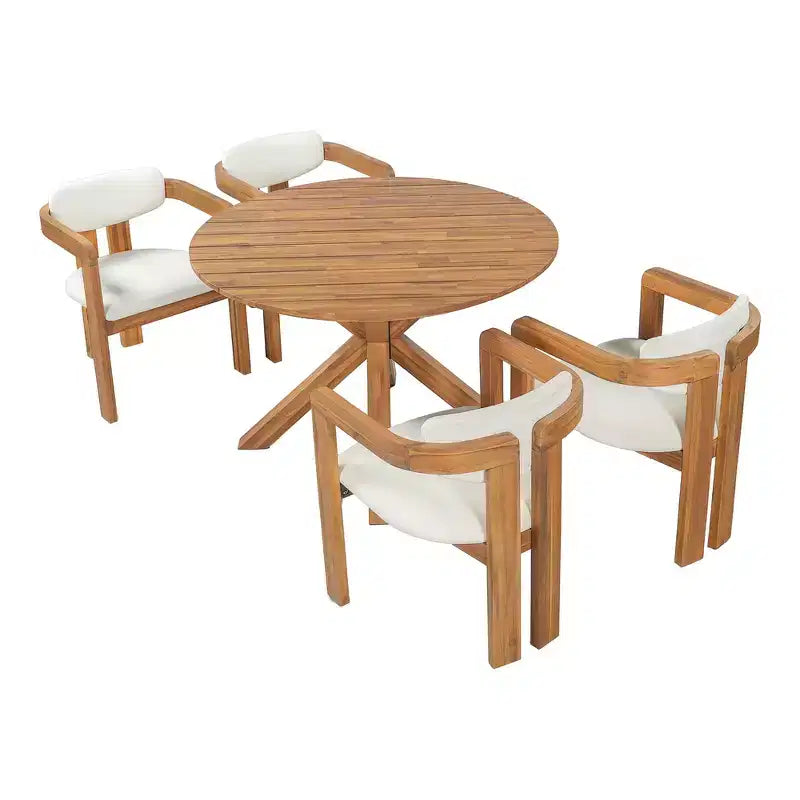 Whisen 5-teiliges Outdoor-Esstisch-Set für 4 Personen, Terrassentisch und Stühle, modernes Garten-Gesprächs-Set, 1 Esstisch und 4 Fasssessel
