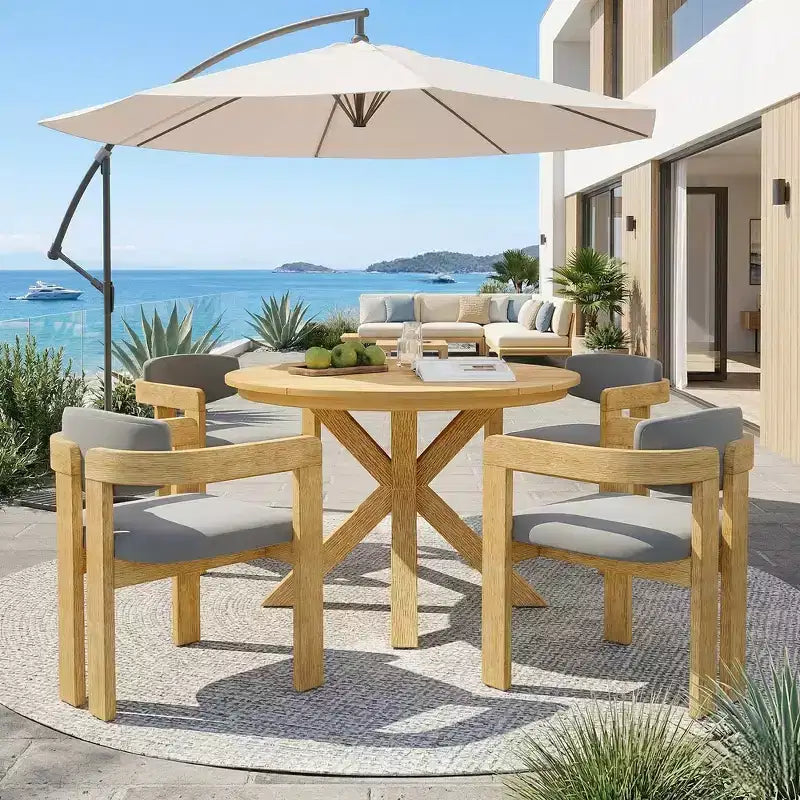 Whisen 5-teiliges Outdoor-Esstisch-Set für 4 Personen, Terrassentisch und Stühle, modernes Garten-Gesprächs-Set, 1 Esstisch und 4 Fasssessel