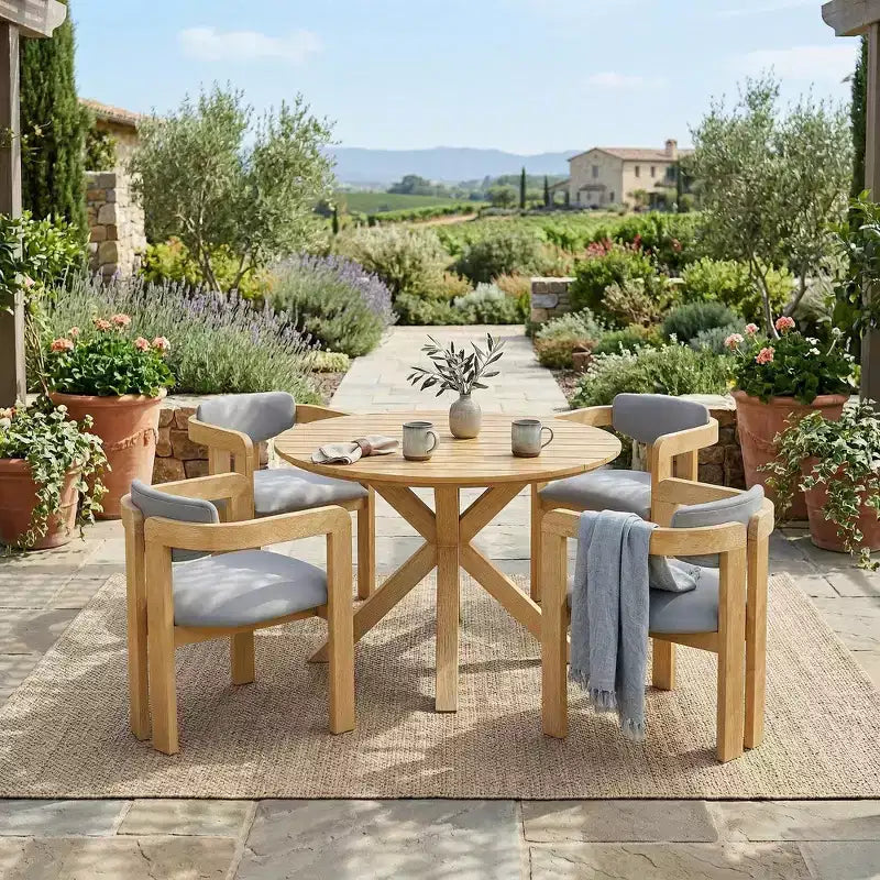 Whisen 5-teiliges Outdoor-Esstisch-Set für 4 Personen, Terrassentisch und Stühle, modernes Garten-Gesprächs-Set, 1 Esstisch und 4 Fasssessel