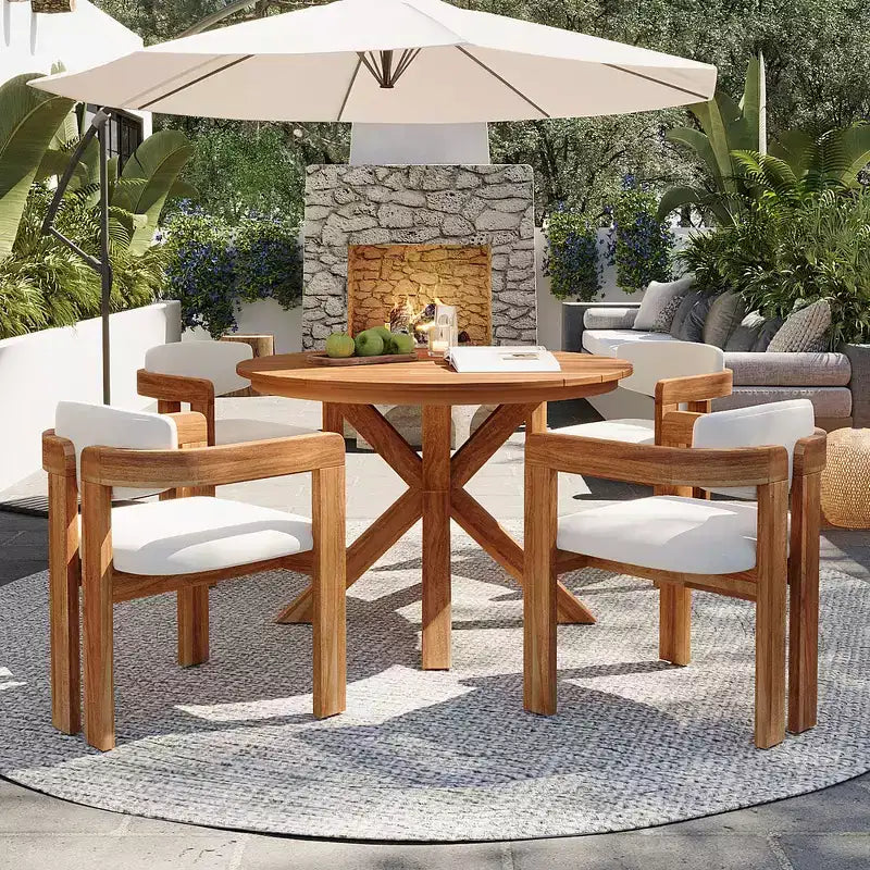 Whisen 5-teiliges Outdoor-Esstisch-Set für 4 Personen, Terrassentisch und Stühle, modernes Garten-Gesprächs-Set, 1 Esstisch und 4 Fasssessel
