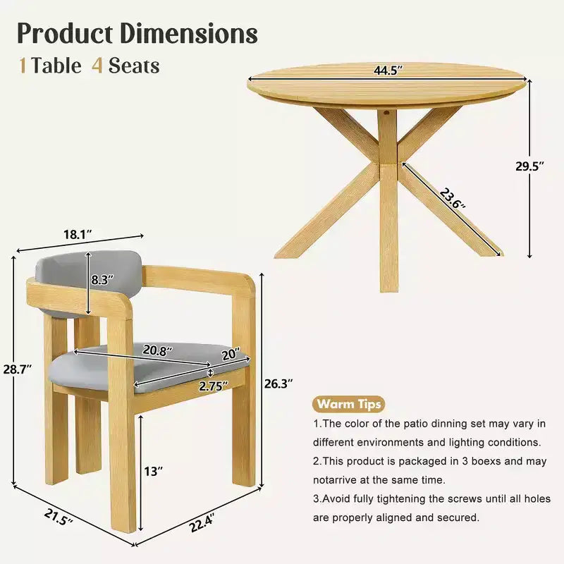 Whisen 5-teiliges Outdoor-Esstisch-Set für 4 Personen, Terrassentisch und Stühle, modernes Garten-Gesprächs-Set, 1 Esstisch und 4 Fasssessel