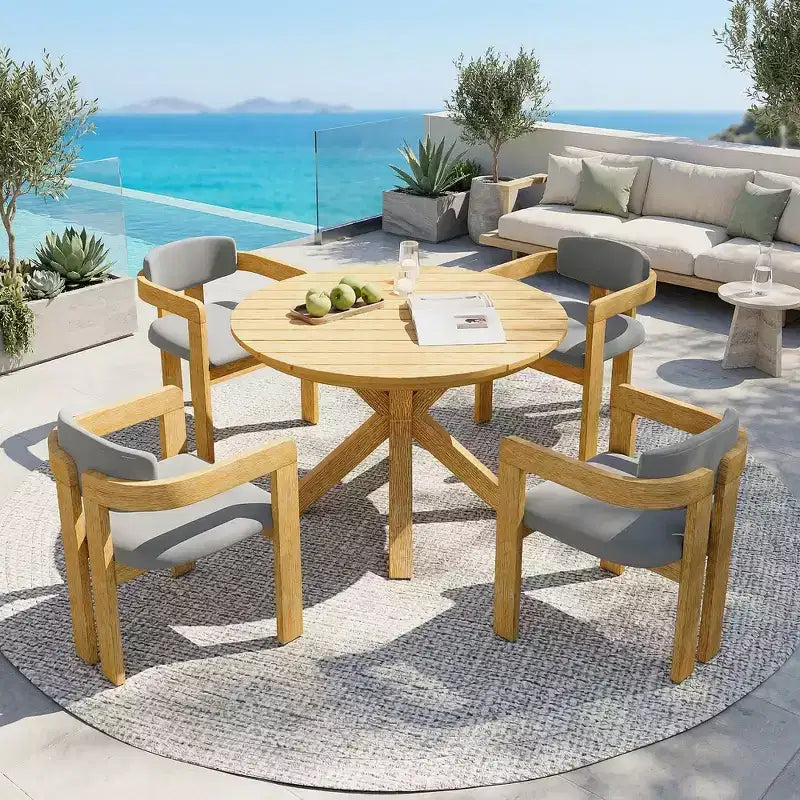 Whisen 5-teiliges Outdoor-Esstisch-Set für 4 Personen, Terrassentisch und Stühle, modernes Garten-Gesprächs-Set, 1 Esstisch und 4 Fasssessel