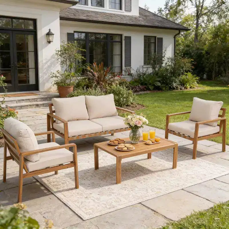 GDFStudio Ajay Modern 4 Piece Aluminum Outdoor Seating Set with Cushion and Rectangular Table
