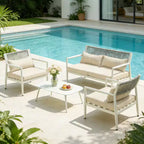 GDFStudio Oscar Modern Outdoor 4-Seat Metal Frame Conversation Set with Thick Cushions and Rope Woven Design