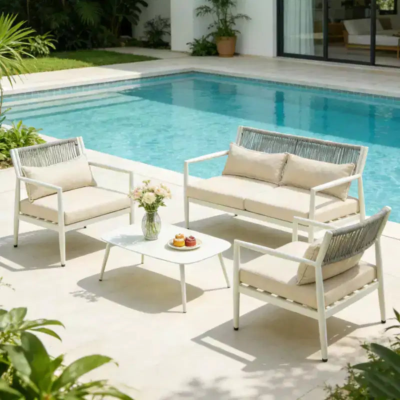 GDFStudio Oscar Modern Outdoor 4-Seat Metal Frame Conversation Set with Thick Cushions and Rope Woven Design